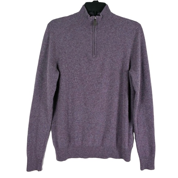 Bloomingdales Purple Quarter Zip Cashmere Sweater Men’s Small Leather Trim Soft - Picture 2 of 7